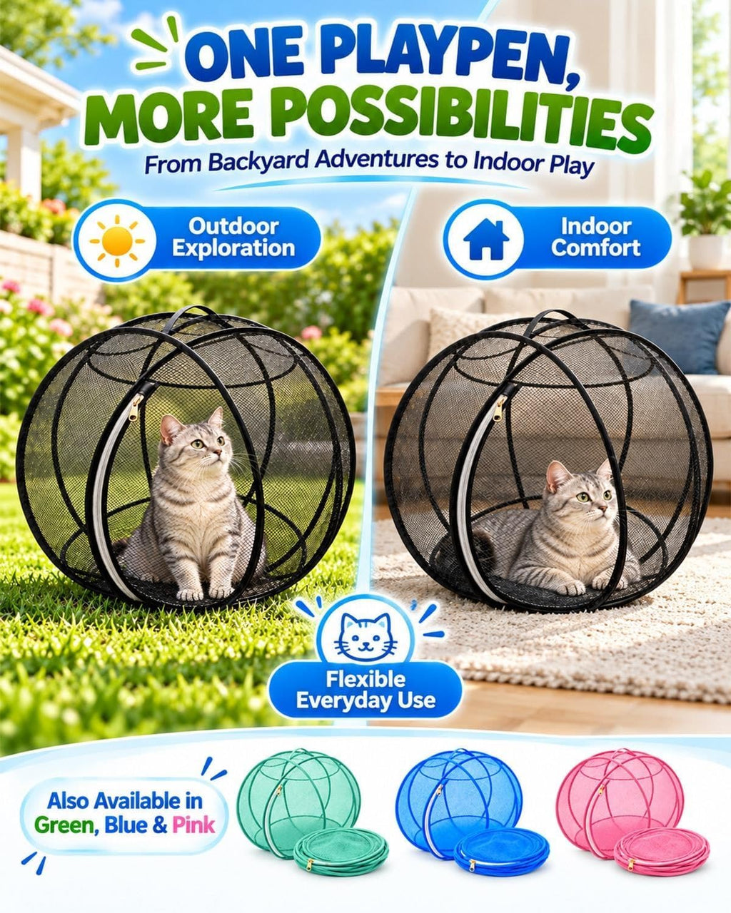 360° Panoramic Pop-Up Rolling Cat Playpen Ball,Outdoor Foldable Enclosure