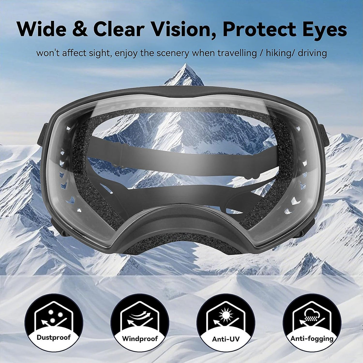 Dog Sunglasses UV Protection Clear Dog Goggles Windproof Glasses with Elastic Straps for Medium-Large Breed, Black Frame