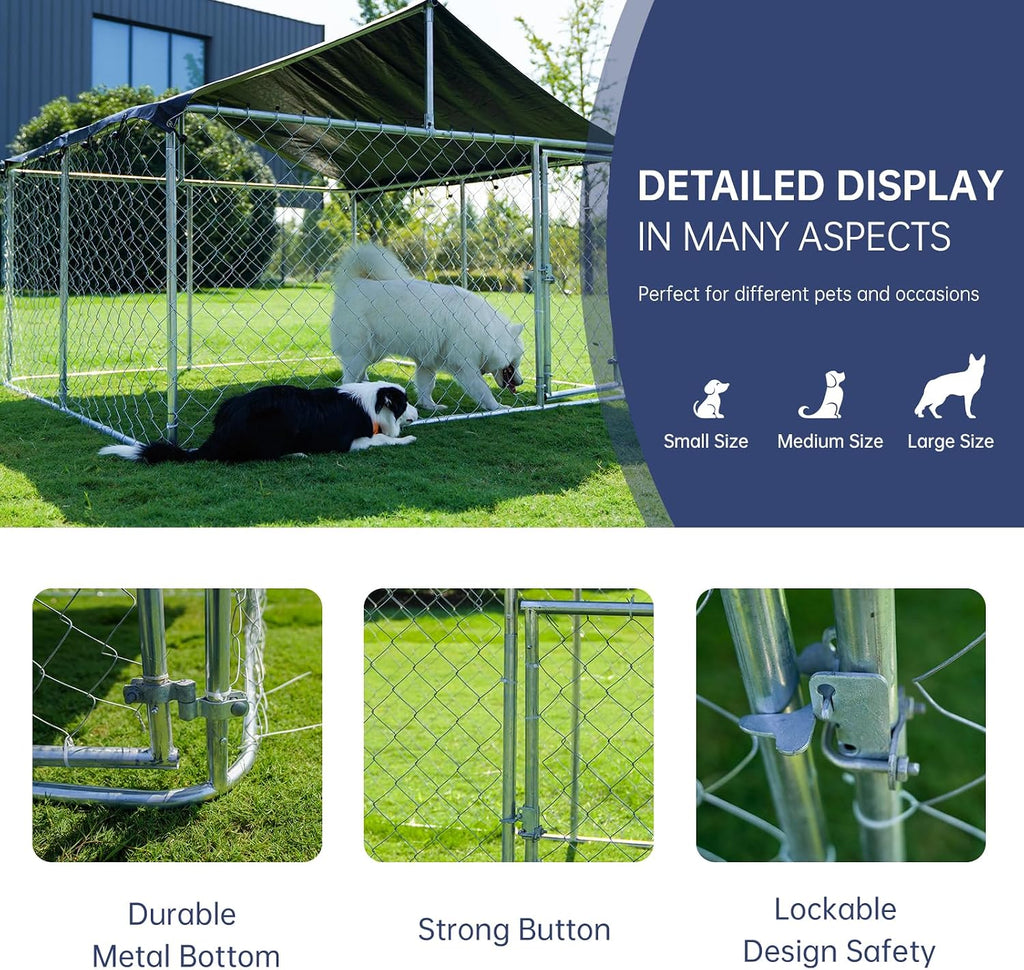 Petony Large Outdoor Dog Enclosure,Heavy Duty Dog Kennel with Roof,Galvanized Steel Dog Cage Fence with Double Safety Lo