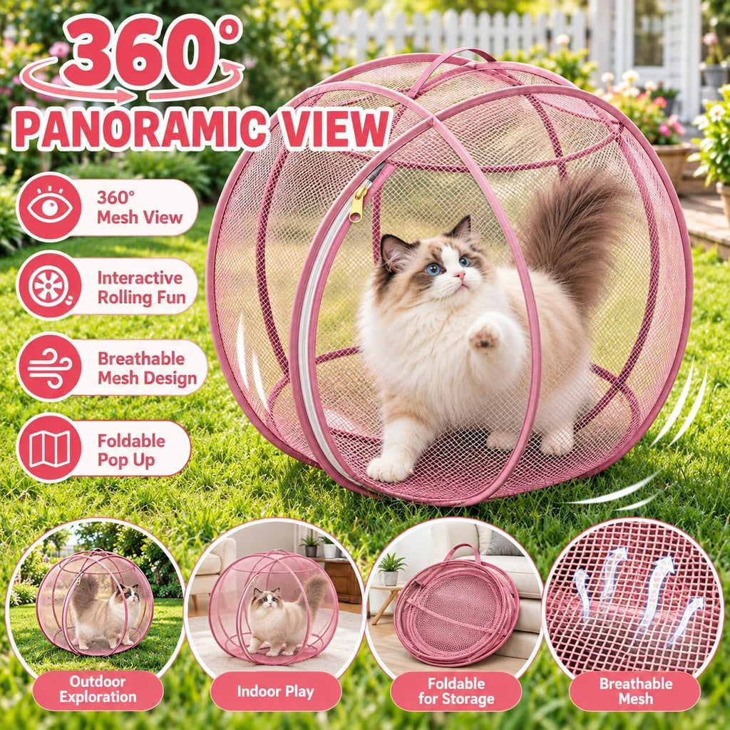 27" 360 Panoramic Rolling Cat Playpen, Mesh Ball Enclosure Giant (Pink)