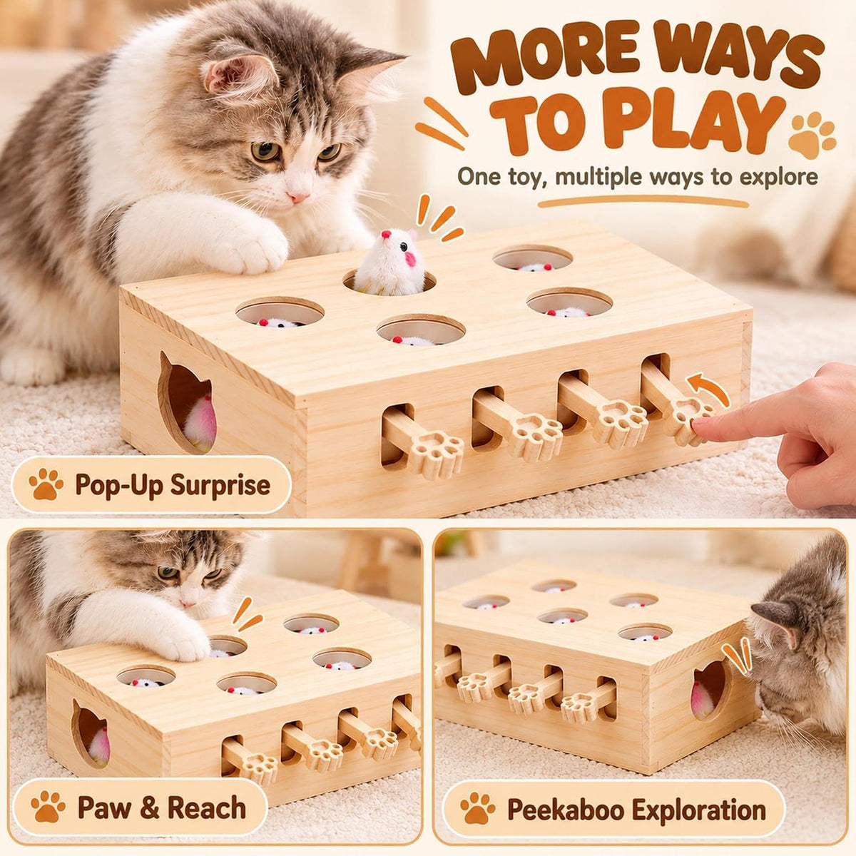 Wooden Whack-A-Mole Pet Game for Dog Cat Interactive Pop Up Puzzle Box, Solid Wood Interactive Cat Toy for Boredom Relie