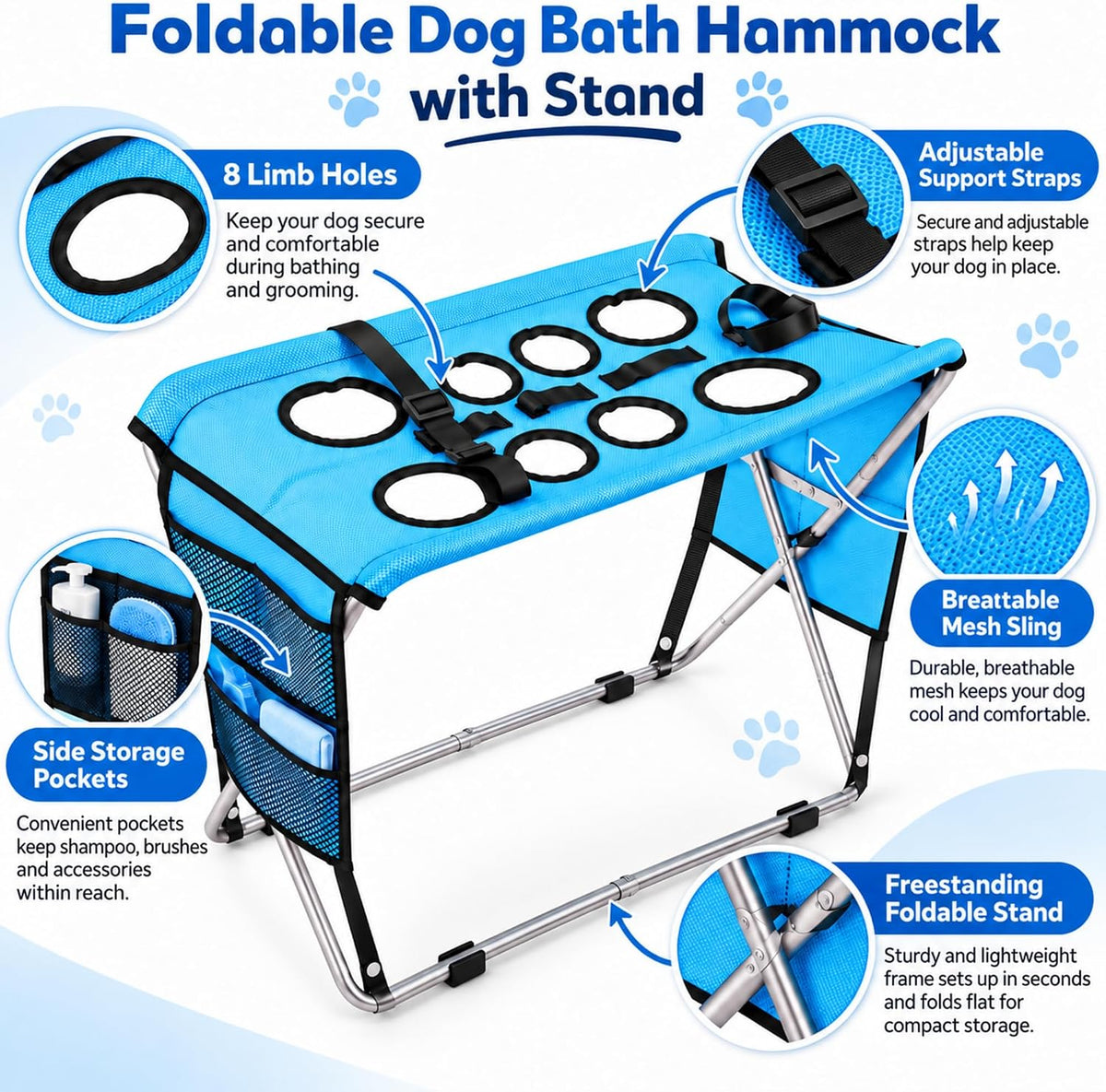Foldable Dog Bath Hammock with Stand, Pet Shower Holder for Small Pets