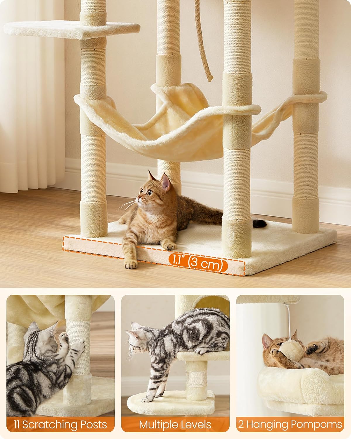 Feandrea Cat Tree, 55.8-Inch Large Cat Tower, Multi-Level Condo, Beige