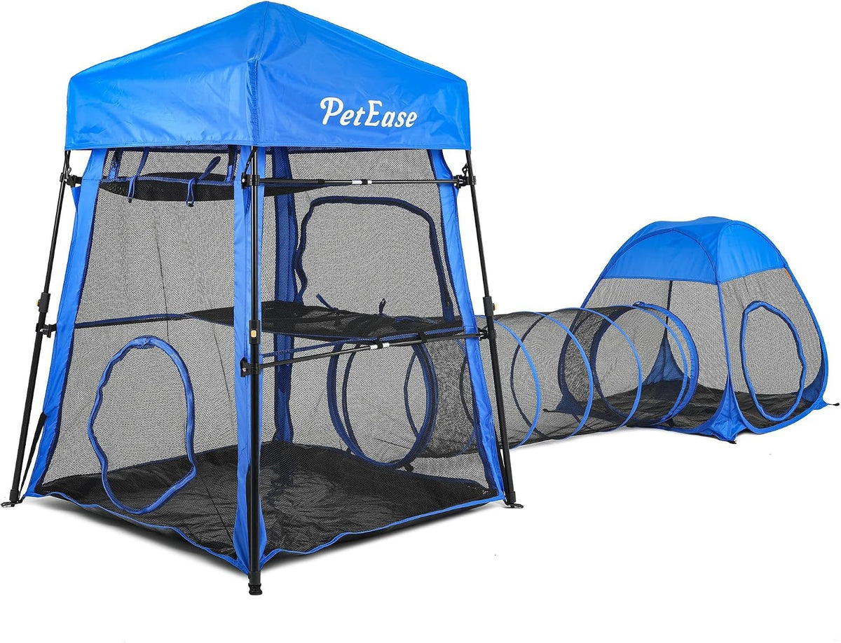 Catio Outdoor Cat Enclosure, 3-in-1 Extra Large Portable Cat Playpen with Tower Tent & Tunnel, Foldable Waterproof Mesh 