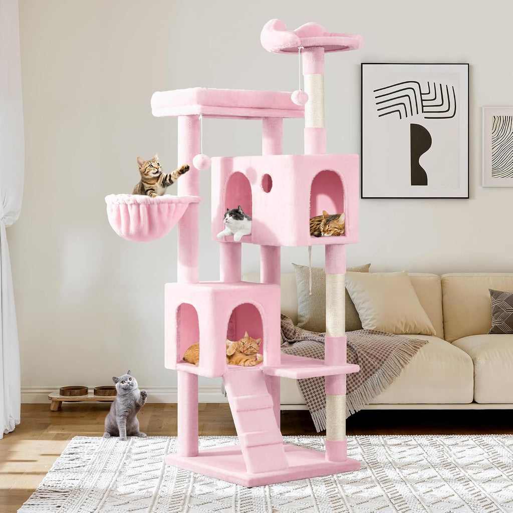 Allewie 64 Inches Multi-Level Cat Tree Tower for Indoor Cats, Cow Print