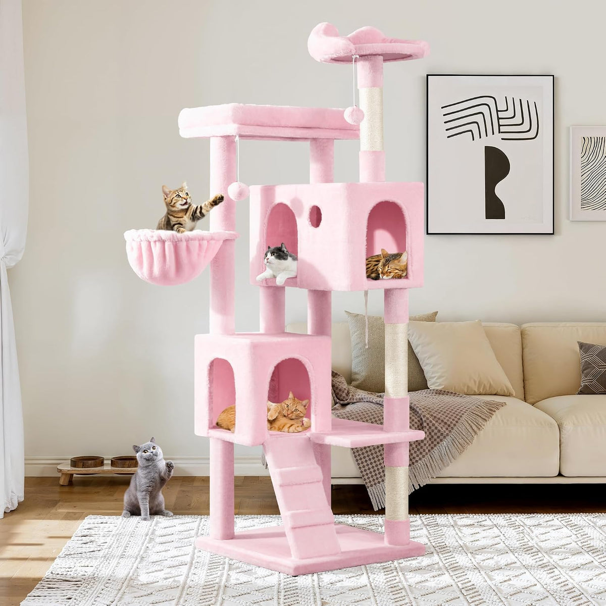 Allewie 64 Inches Multi-Level Cat Tree Tower for Indoor Cats, Cow Print