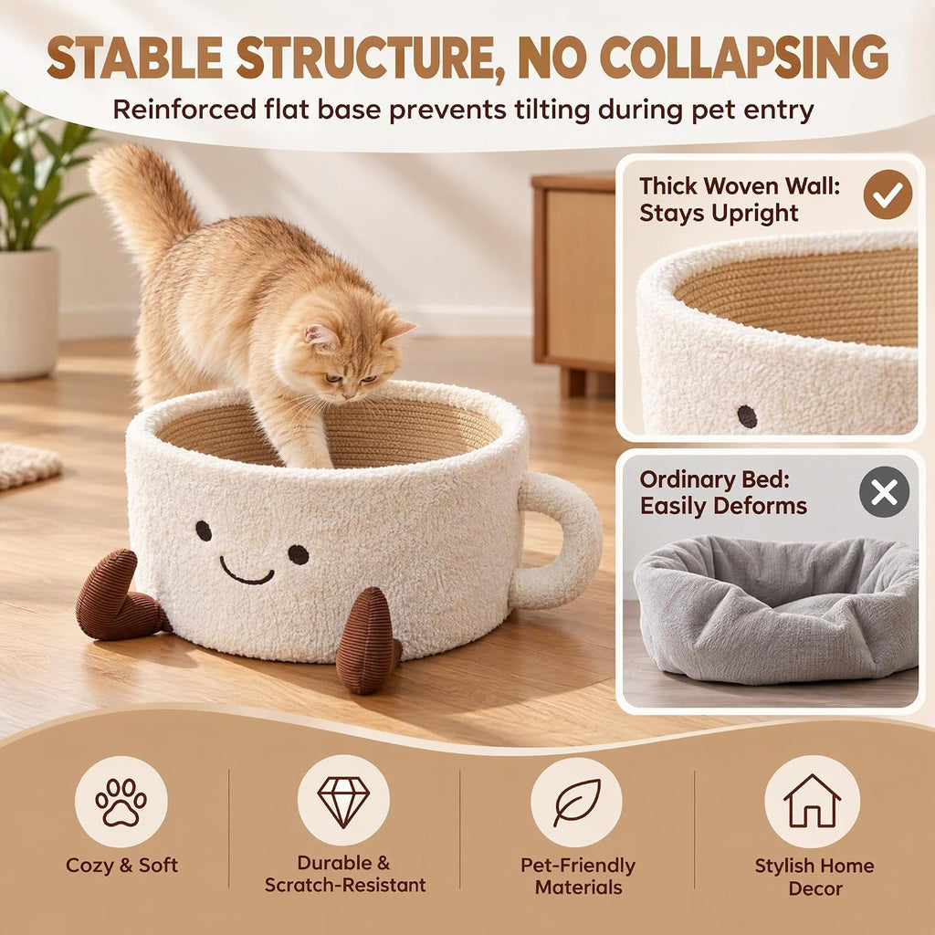 Coffee Cup Cat Bed, Teacup Shaped Handwoven Pet Bed for Cats Small Dogs