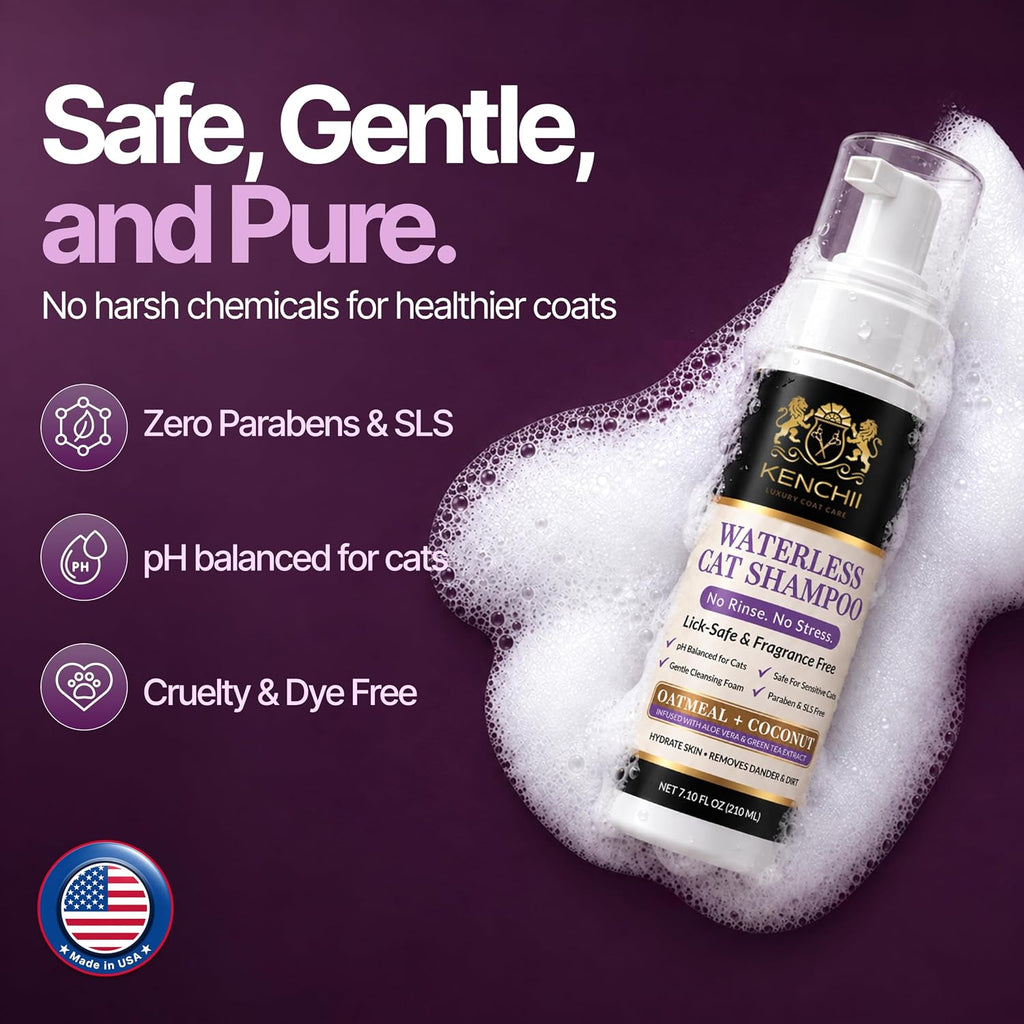 Kenchii Waterless Cat Shampoo - No Rinse Cleansing Foam, Gentle & Lick-Safe