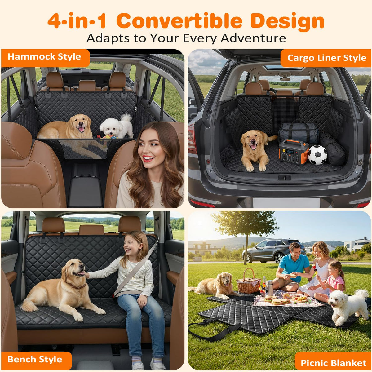 URPOWER 4 in 1 Dog Car Seat Cover for Back Seat, Waterproof Hammock