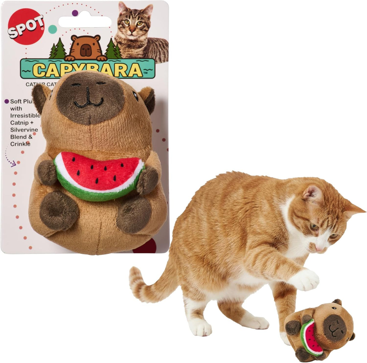 SPOT Capybara with Watermelon Plush Cat Toy, Fully Stuffed Toy with Soft Plush & Crinkle Inside, Made with Catnip and Si
