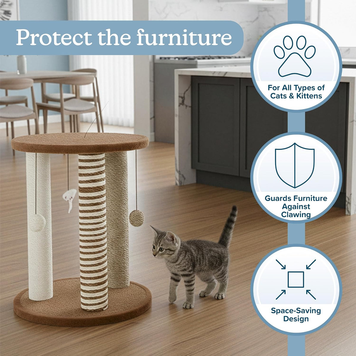 Cat Scratching Post - 3 Scratcher Posts with Carpeted Base Play Area and Perch - Furniture Scratching Deterrent for Indo