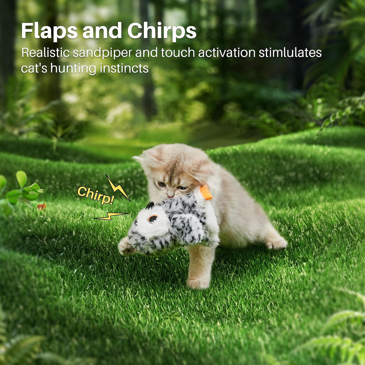 Potaroma Flapping Owl Cat Toys (No Flying), Lifelike Bird Chirp, Rechargeable Touch Activated Kitten Toy, Interactive Ca