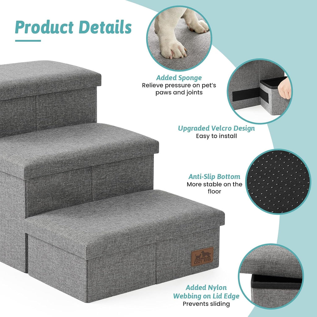 COZY KISS Dog Stairs with Storage, 16.7" H Wider Dog Steps, 3-Step
