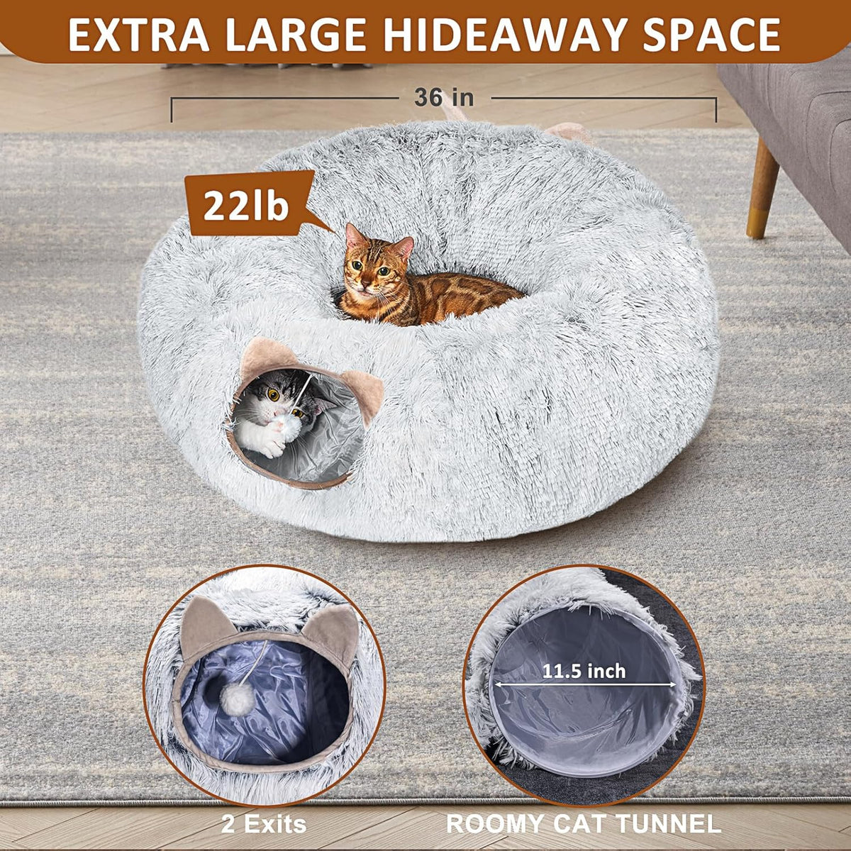 Cat Tunnel with Cat Bed for Indoor Cats, Under Christmas Tree Soft Plush Peekaboo Cat Cave Donut Tunnel, Multifunctional
