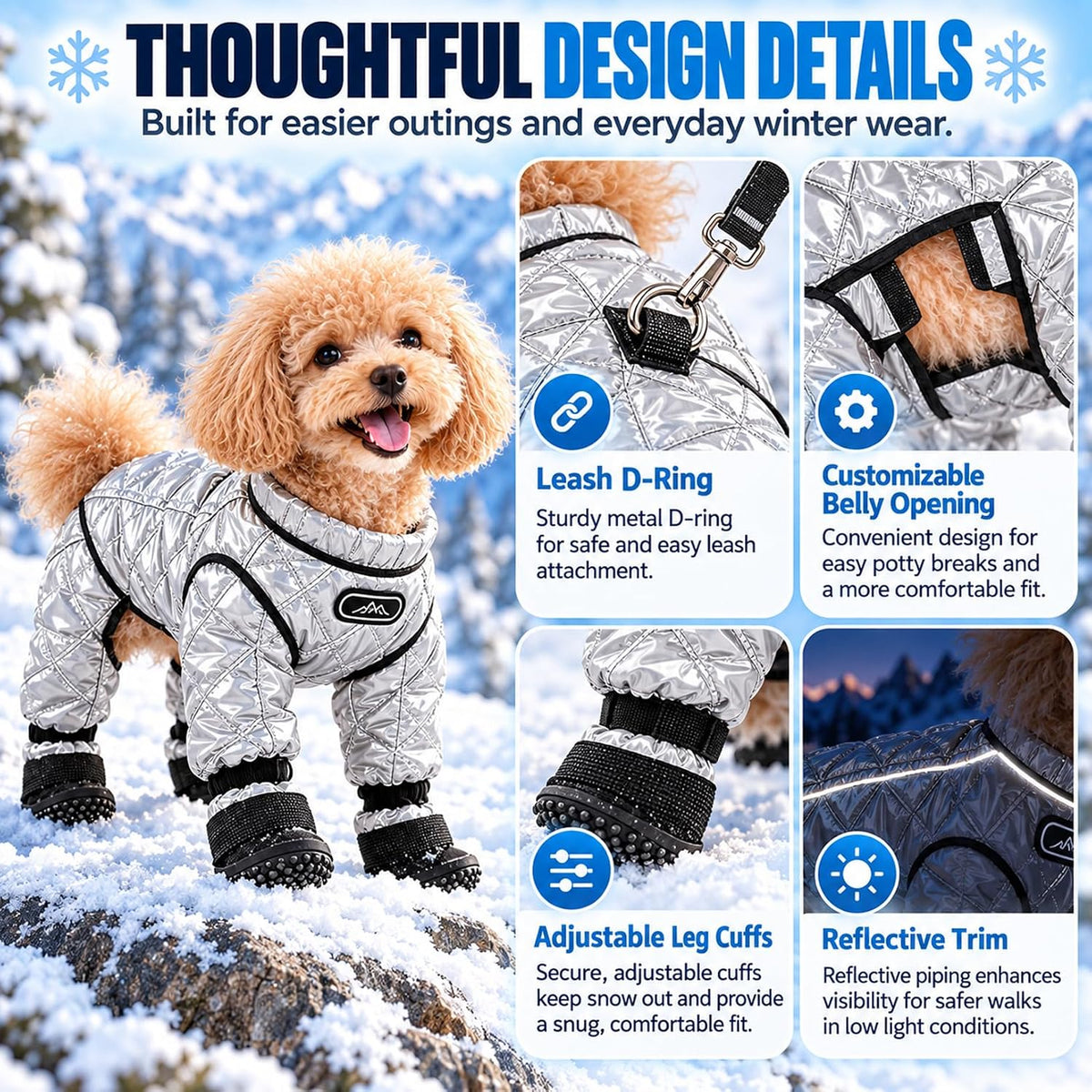 Dog Snowsuit with Attached Boots, Waterproof Winter Full Body Coat，Grey：S