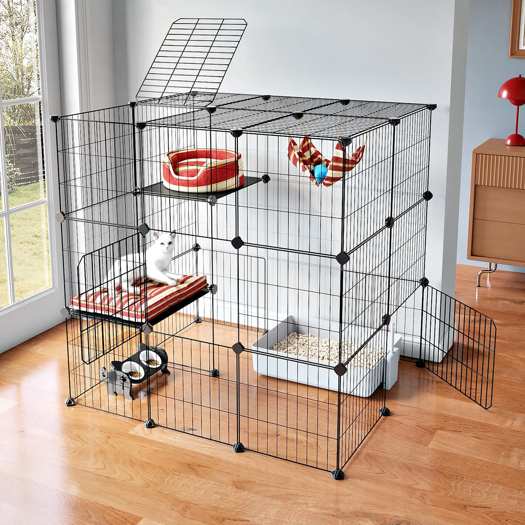 Oneluck 3-Tier Cat Cages Indoor Enclosure DIY Cat Playpen Catio Detachable Metal Wire Kennels Cats Crate Large Extra Exercise Place Ideal for 1 Cat,35.4 Inches