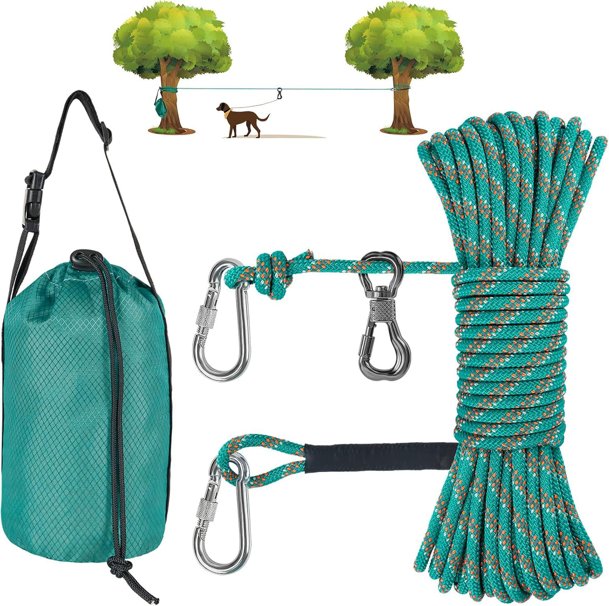 XiaZ Dog Tie Out Cable for Camping, 50ft Portable Overhead Trolley System for Dogs up to 200lbs，Dog Lead for Yard, Campi