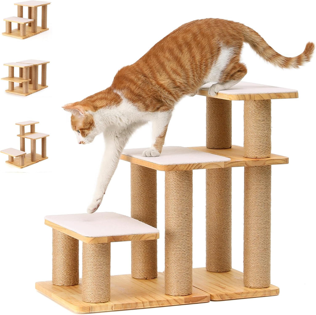 FUKUMARU Dog Stairs, Solid Wood Pet Stairs with Cat Scratching Post