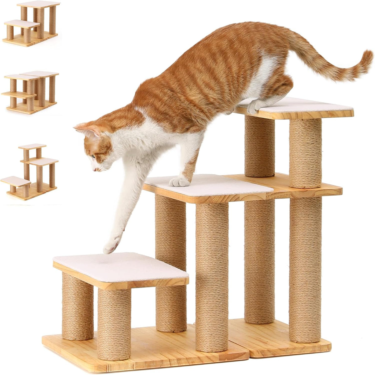 FUKUMARU Dog Stairs, Solid Wood Pet Stairs with Cat Scratching Post