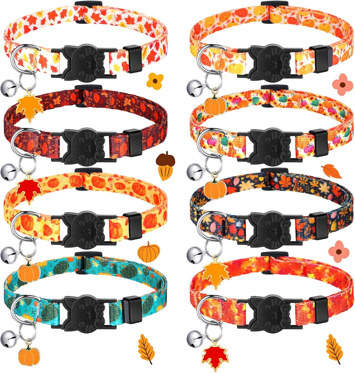 8 Pcs Halloween Cat Collars Breakaway with Bell, Adjustable Buckle