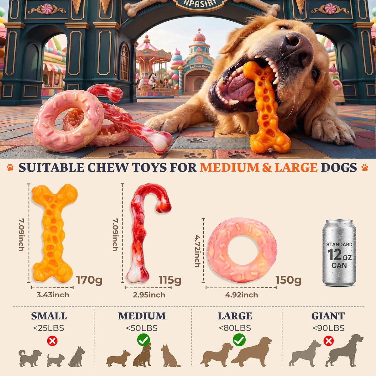 3-Pack Tough Dog Toys for Aggressive Chewers 25-90lbs, Hard Nylon