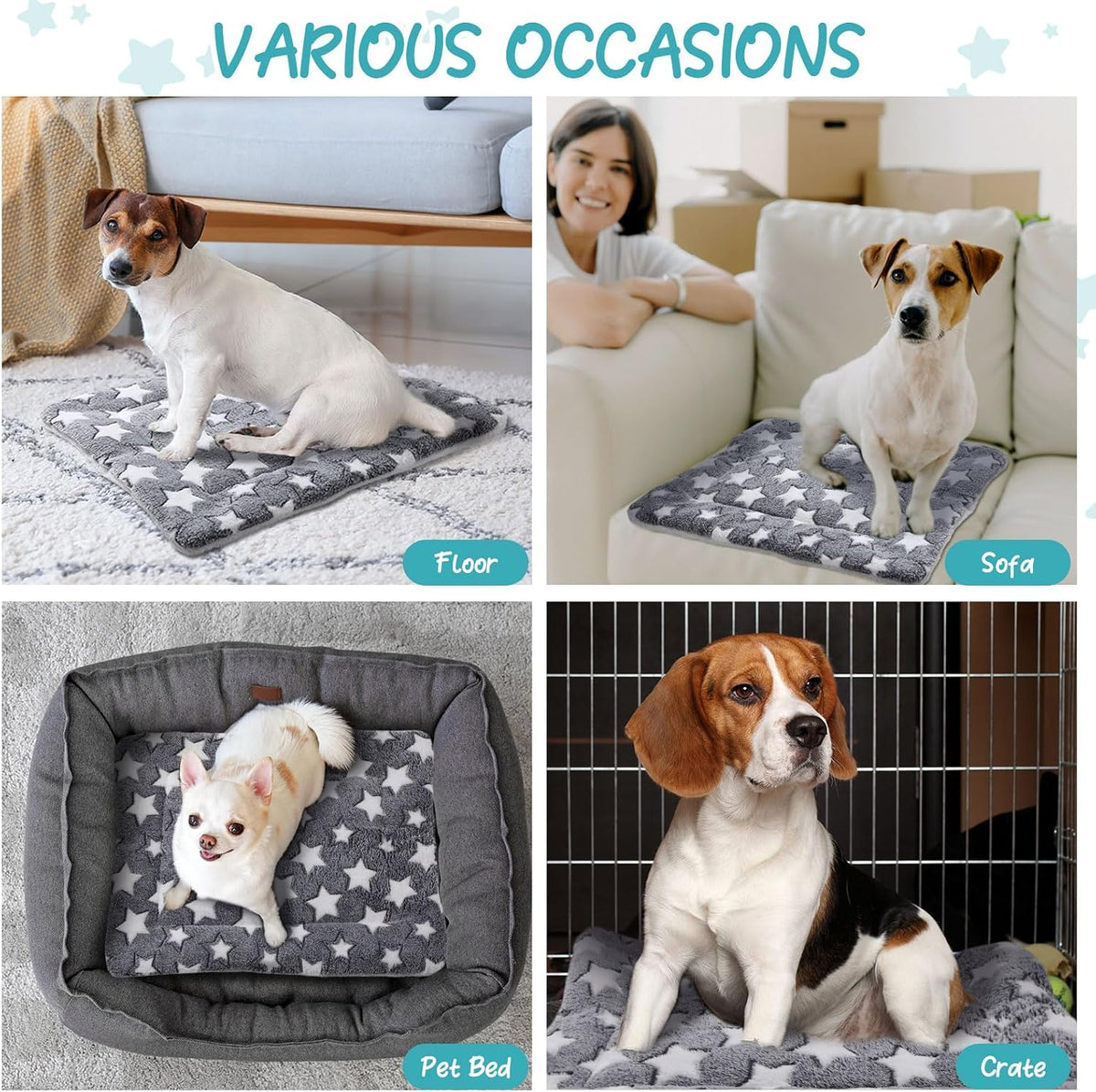 2 Pack Self Warming Cat Dog Bed Pad, Grey, 21" X 14", Stars