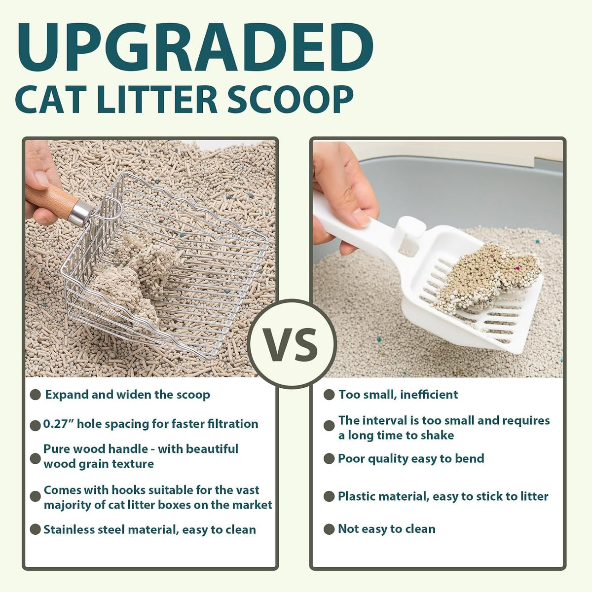 Cat Litter Scoop, Stainless Steel Kitty Metal Scooper with Hook and Hole