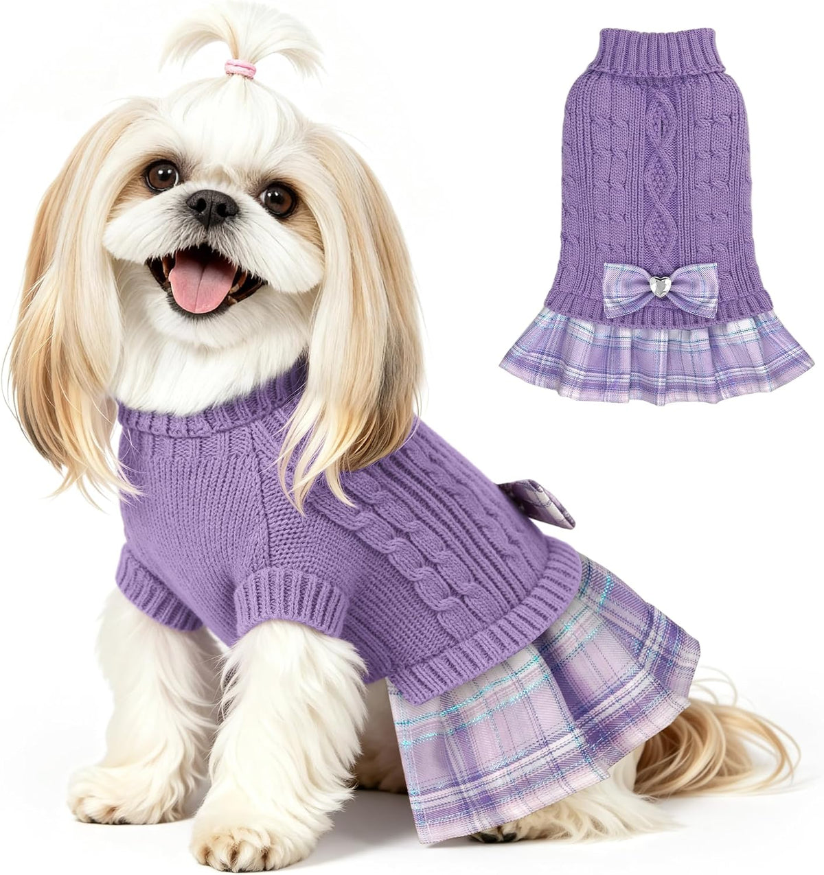 Small Dog Sweater Dress with Bowtie Turtleneck - Knitted Pet Clothes
