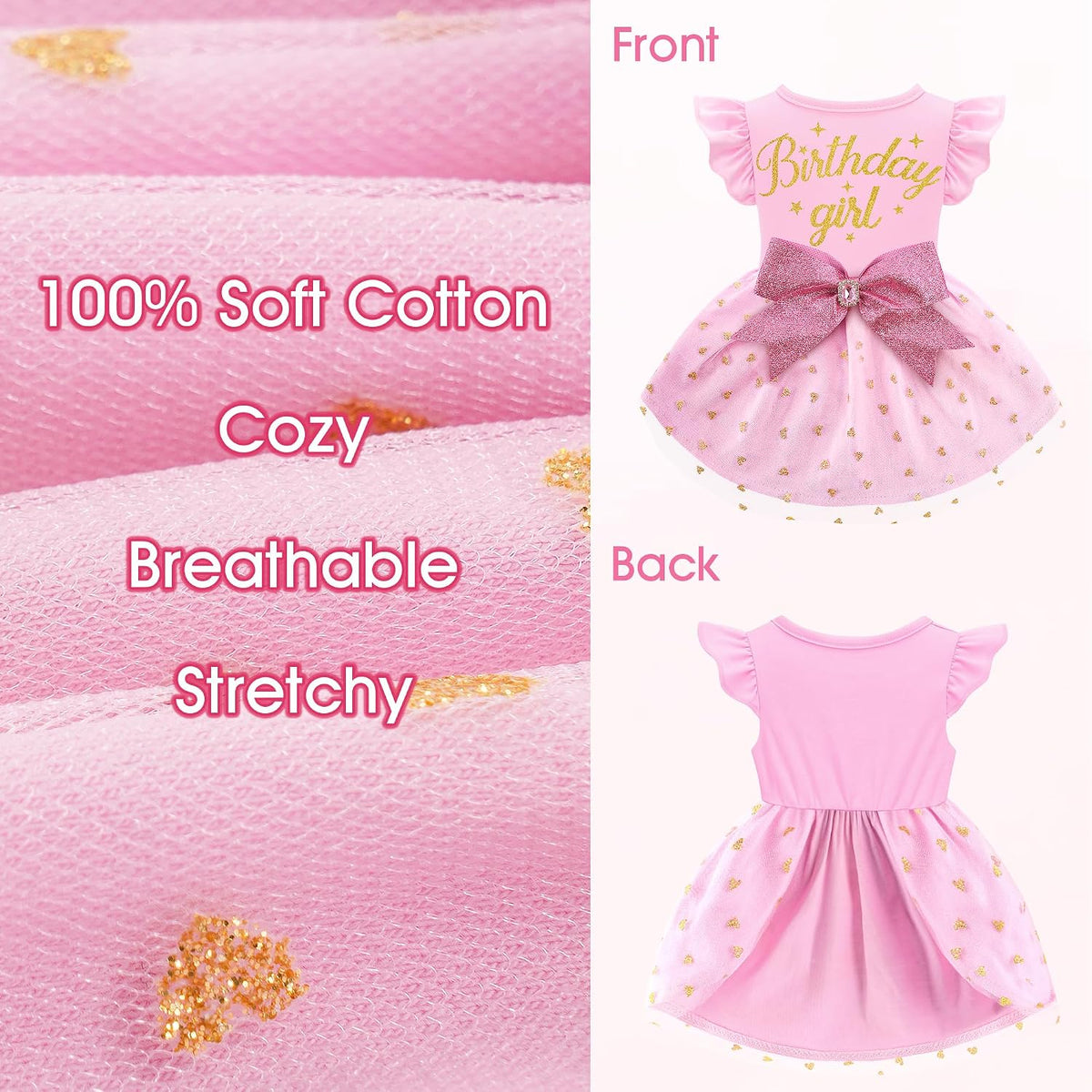 Dog Birthday Girl Dress Ruffle Dog Dress with Sparkly Pink Bowknot Tulle Birthday Princess Pet Clothes for Small Medium 