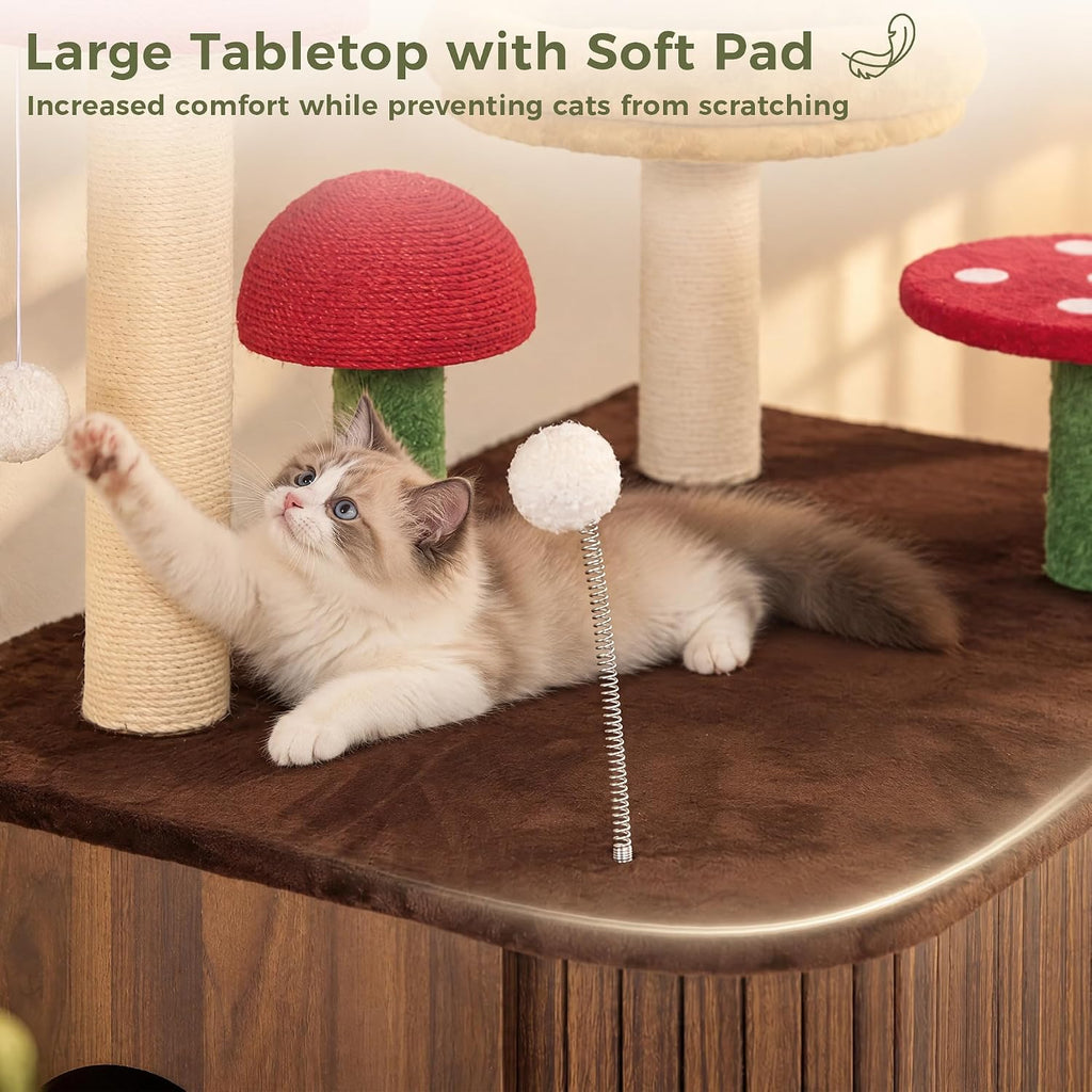 IRONCK Cat Litter Box Enclosure with Mushroom Cat Tree