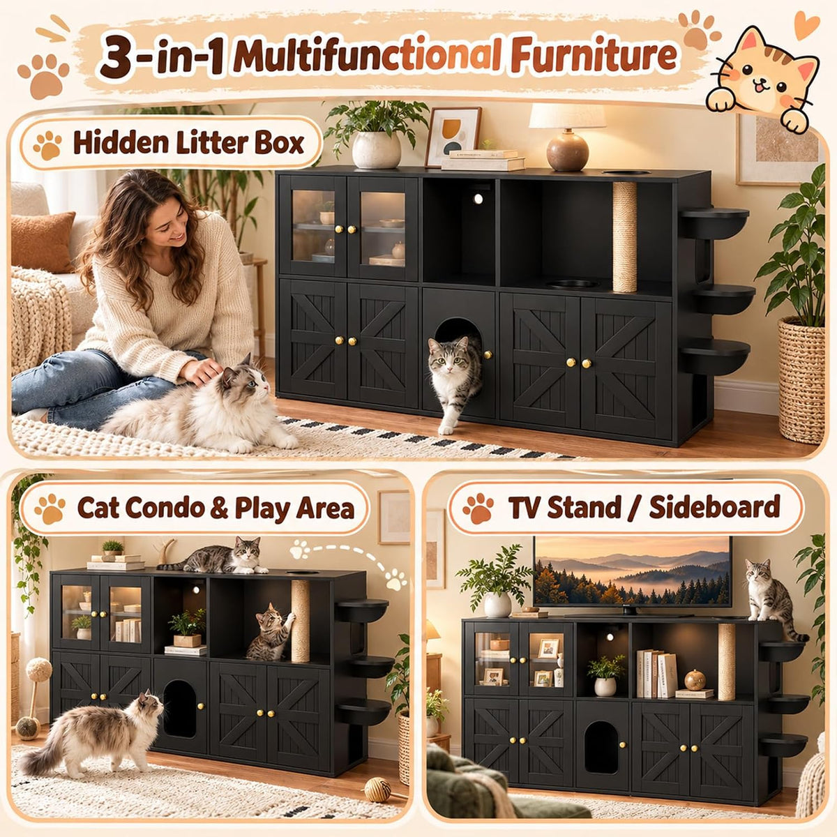 74" Double Cat Litter Box Furniture with Storage, Black