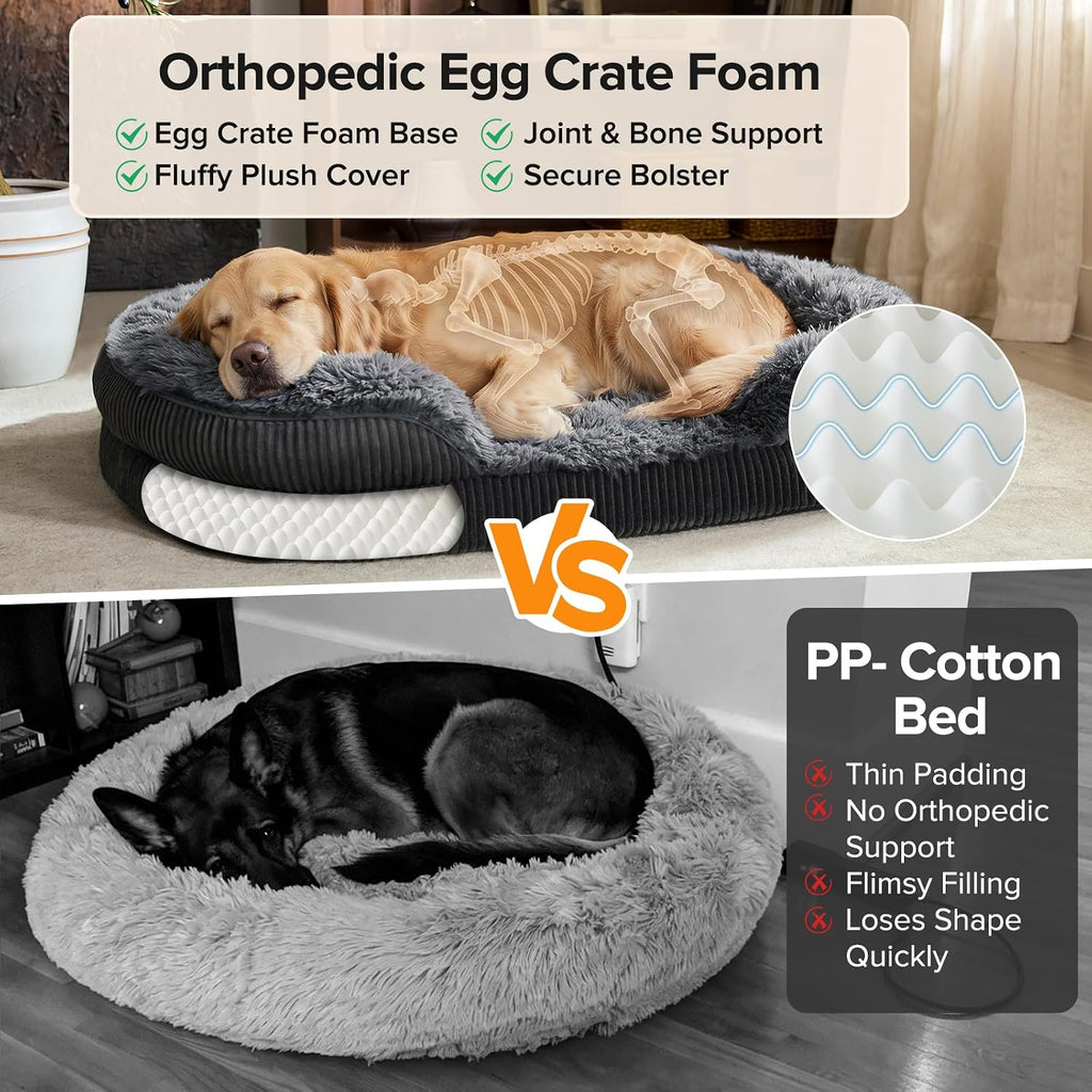 Fluffy Orthopedic Dog Beds Large Sized Dog, XL Egg-Crate Foam Bolster Sofa Bed with Washable Removable Waterproof Cover,