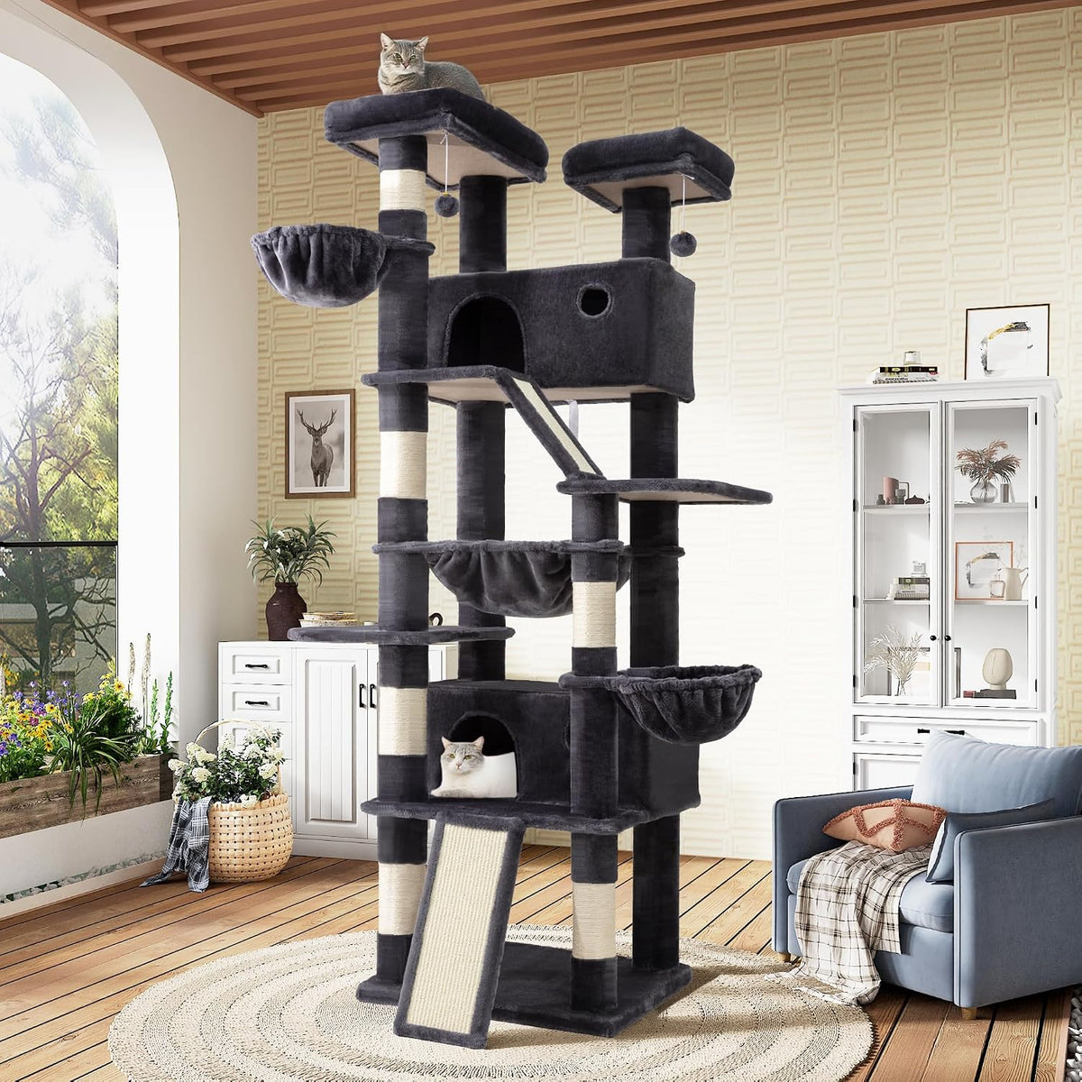 SHA CERLIN 81in Multi-Level Tall Cat Tree Tower for Indoor Kitties/Larger Cat Condo Furniture with Hammock/Cozy Pussycat