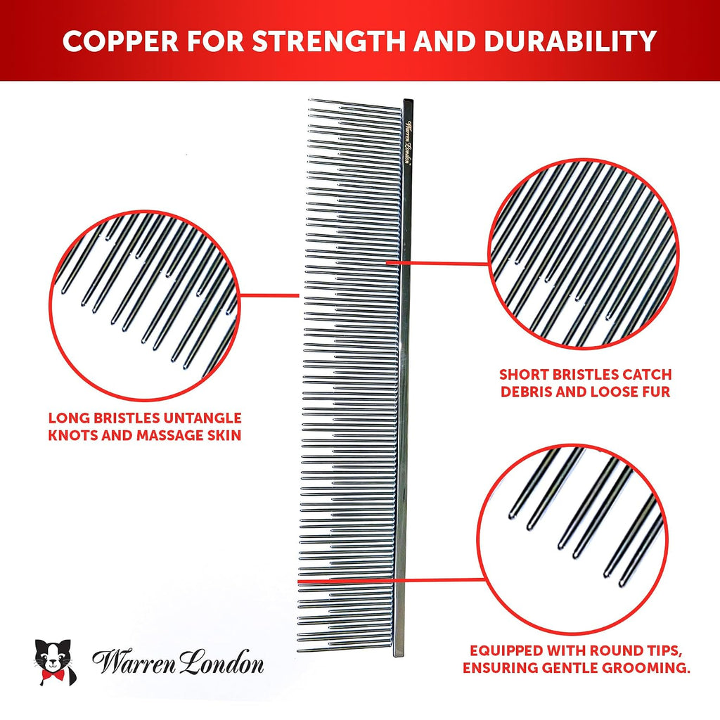 Warren London Carding Cat Comb | 7.5 inches made with Copper | Rounded Tips Prevent Irritation | Dual Tooth Design for S
