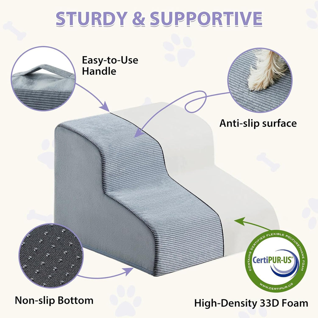 Dog Stairs for Small Dogs, 2-Steps Dog Ramp for Couch, Pet Stairs with Highly Supportive Foam and Non-Slip Bottom, Pet S