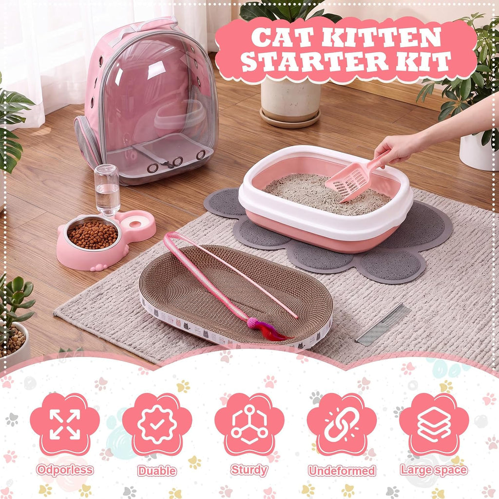 8 Pcs Kitten Supplies Starter Kit Cat Starter, Backpack, Pink-1