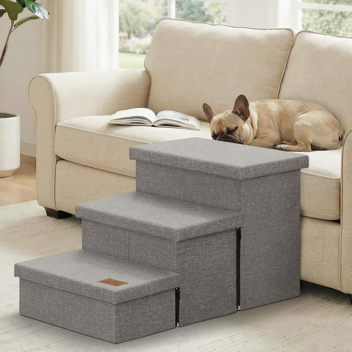 Zerbuger 3 Step Dog Stairs with Storage, 18" High Folding Pet Steps, Grey