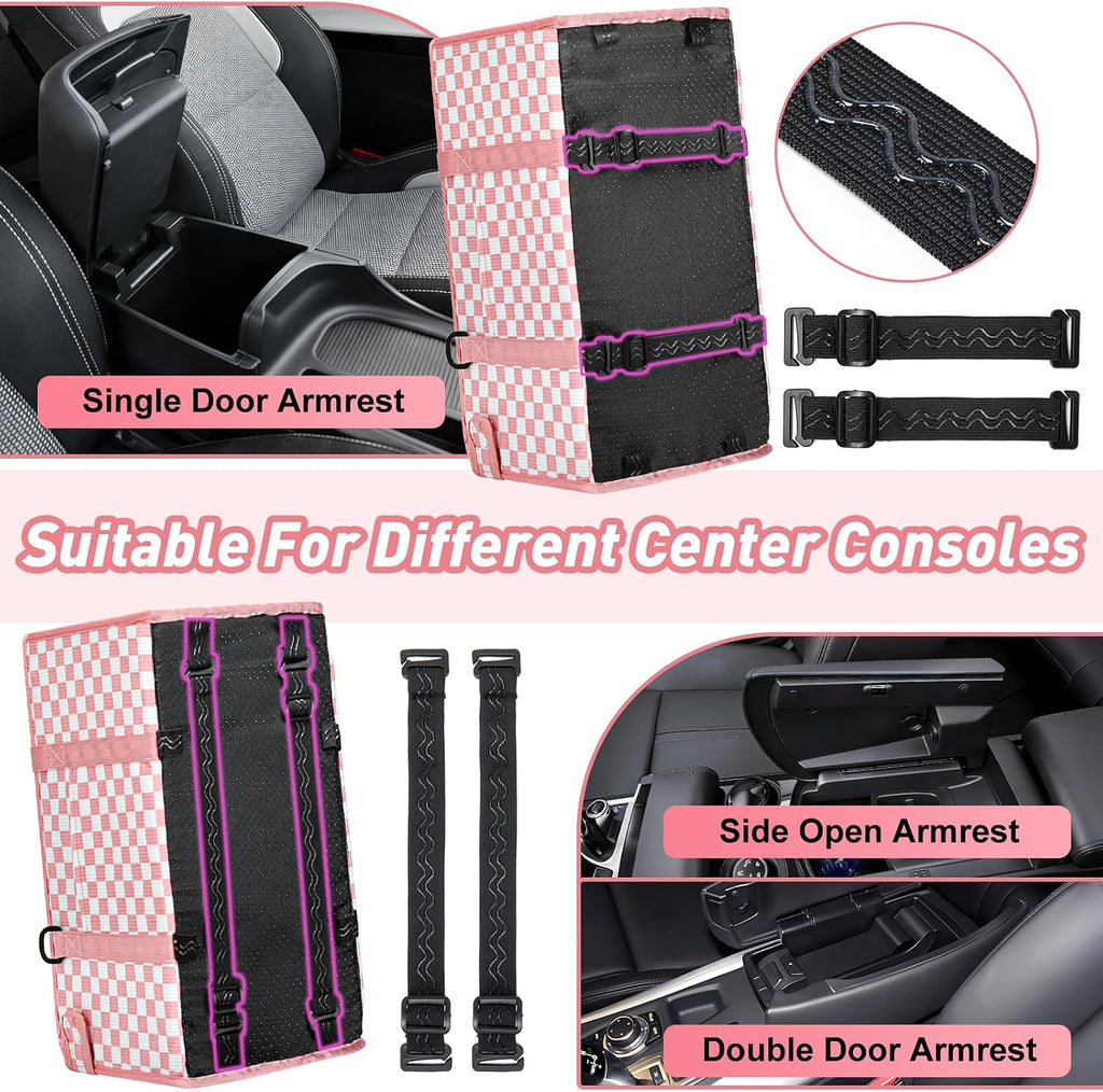 Console Dog Car Seat for Small Dogs, Foldable Booster Seat, Pink Checkered