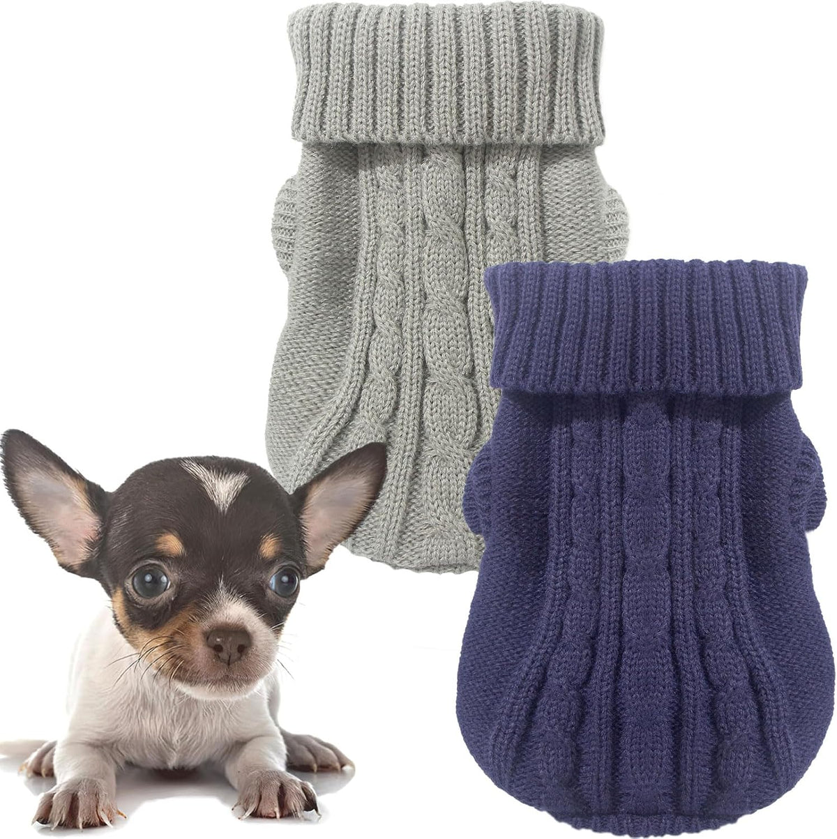 XXS Dog Sweater, 2 Pieces Turtleneck Knitted Chihuahua Sweater