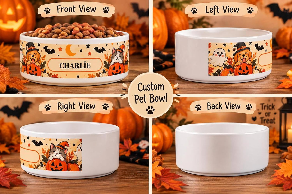 Personalized Halloween Pet Bowl, Custom Dog Cat Ceramic Feeder Dish Gift