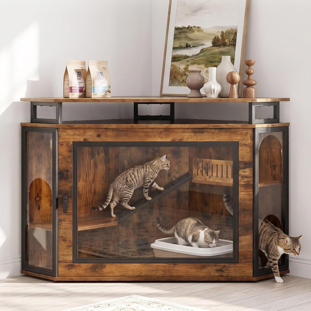 48" Corner Cat Cage Furniture w/2-Tier Shelves, Large Cat House