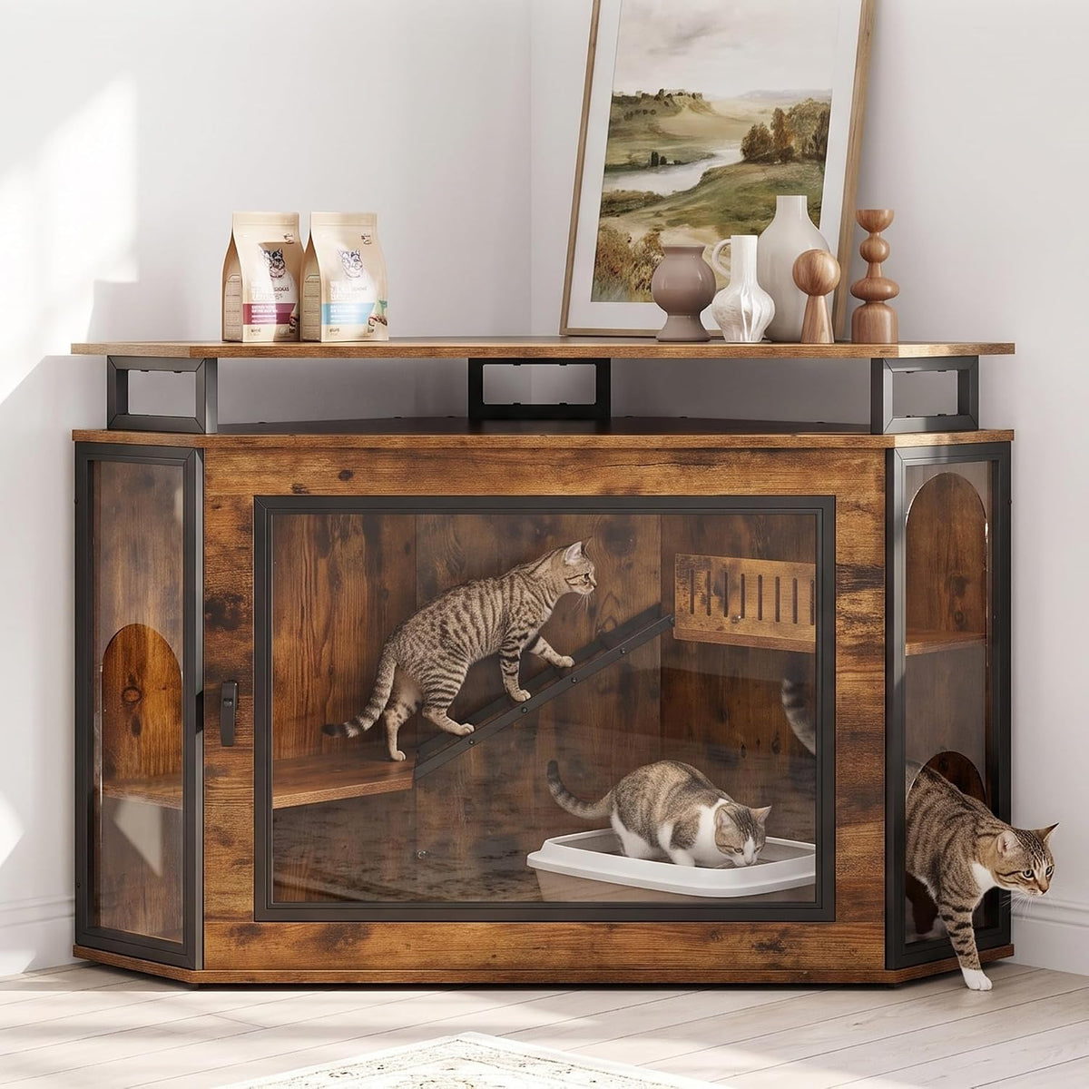 48" Corner Cat Cage Furniture w/2-Tier Shelves, Large Cat House