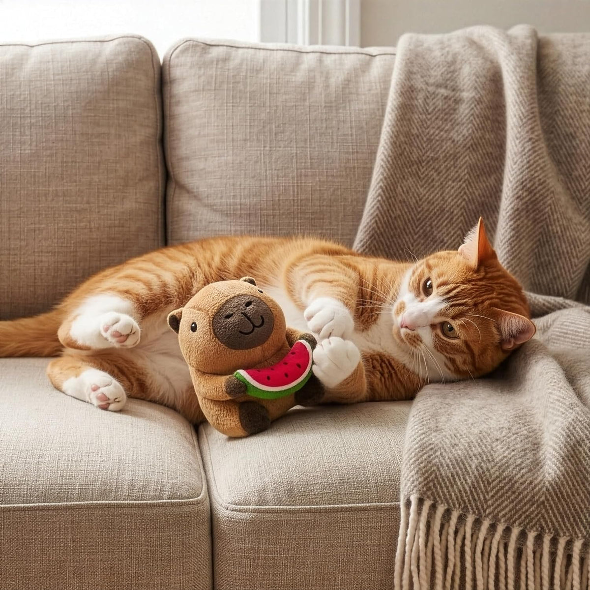 SPOT Capybara with Watermelon Plush Cat Toy, Fully Stuffed Toy with Soft Plush & Crinkle Inside, Made with Catnip and Si