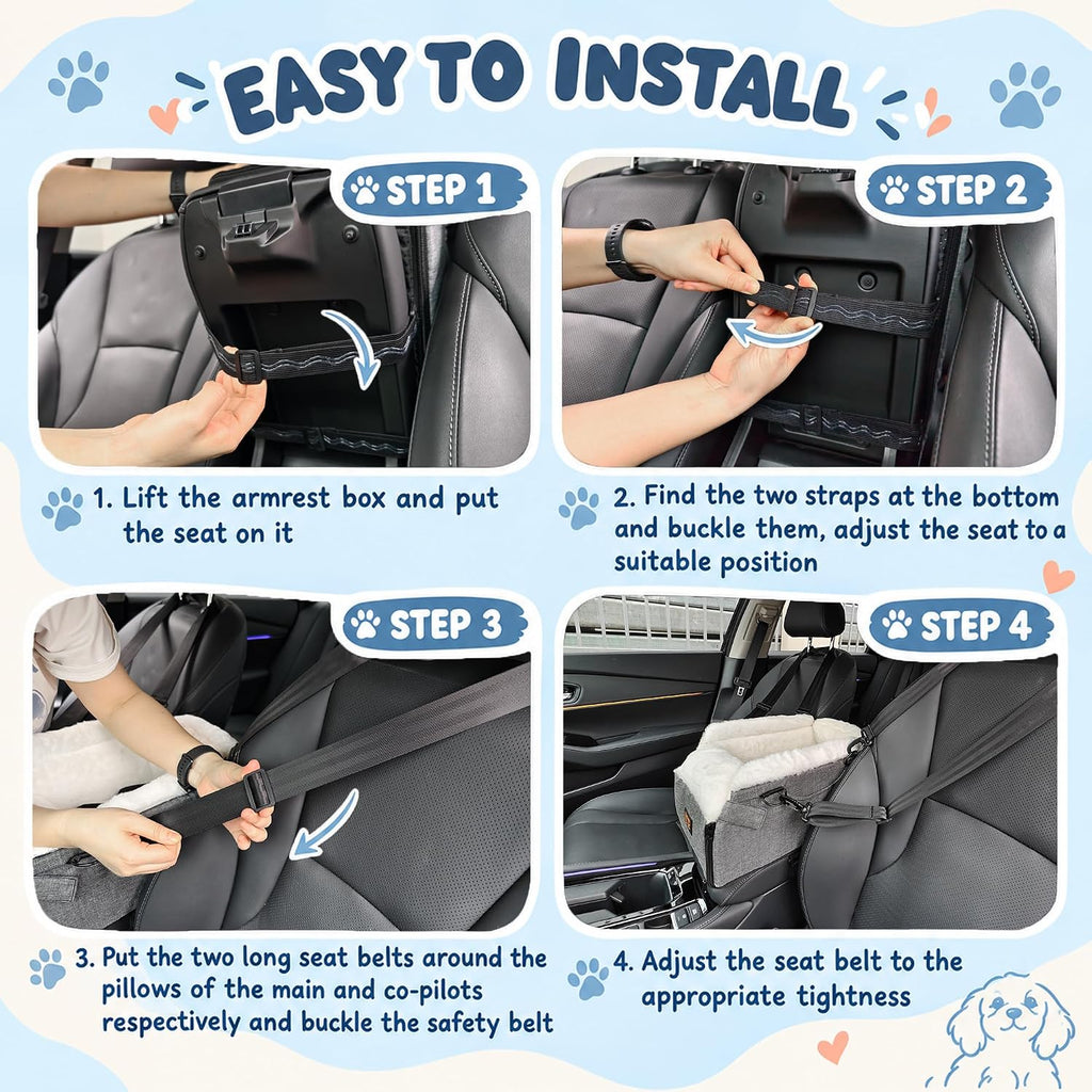 Dog Car Seat for Center Console, Foldable Pet Car Seat for Small Dogs Cats up to 10 lbs, Ultra-Soft Faux Rabbit Fur Pupp