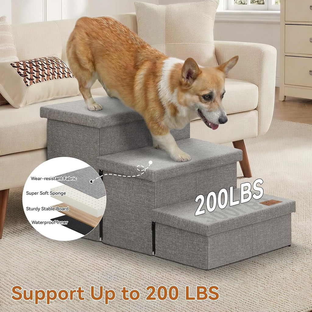 Zerbuger 3 Step Dog Stairs with Storage, 18" High Folding Pet Steps, Grey