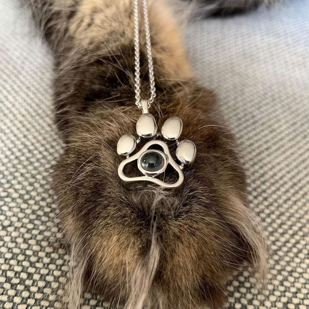 OPALSTOCK Personalized Pet Photo Necklace, Custom Photo Charm Projection Necklace Dog Cat Paw Pendant Pet Memorial Jewel