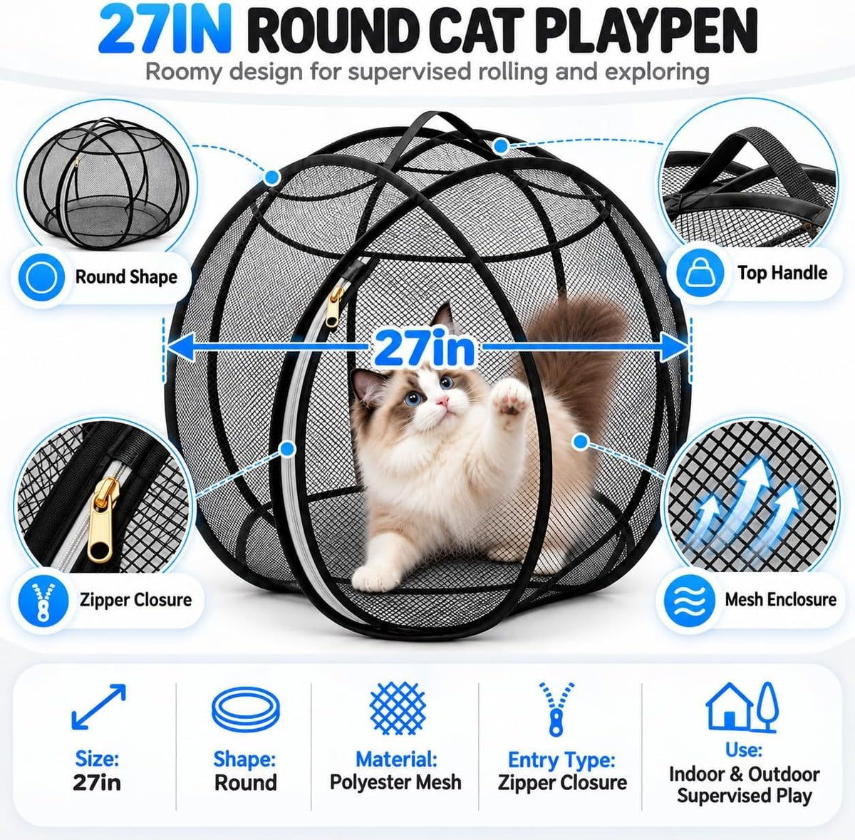 27" 360 Panoramic Rolling Cat Playpen, Mesh Ball Enclosure Giant (Pink)