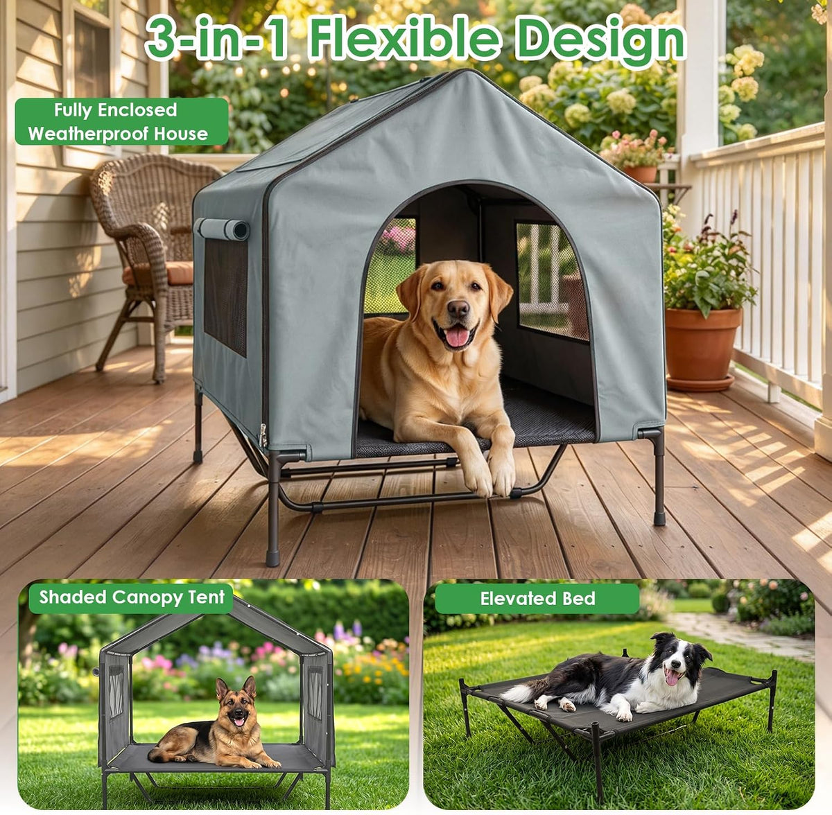 XPIY 3-in-1 Extra Large Dog House Outdoor, 43" Elevated Dog Bed with Canopy