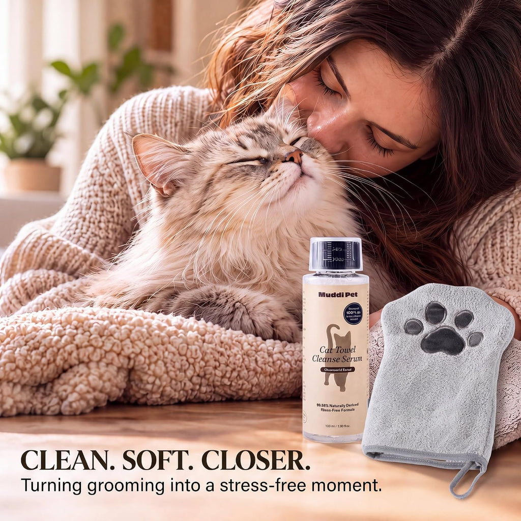 4-in-1 Waterless Cat Shampoo and Conditioner Concentrate with Mitt, Makes 24 Bottles of Dry Shampoo for Cats – Cleanses,