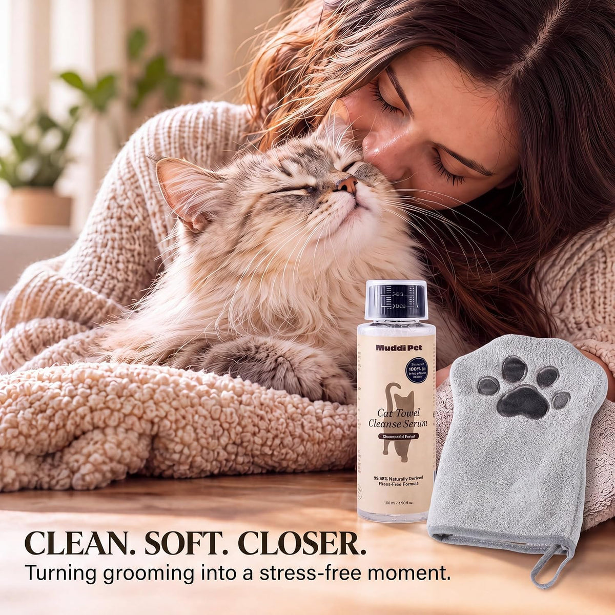 4-in-1 Waterless Cat Shampoo and Conditioner Concentrate with Mitt, Makes 24 Bottles of Dry Shampoo for Cats – Cleanses,